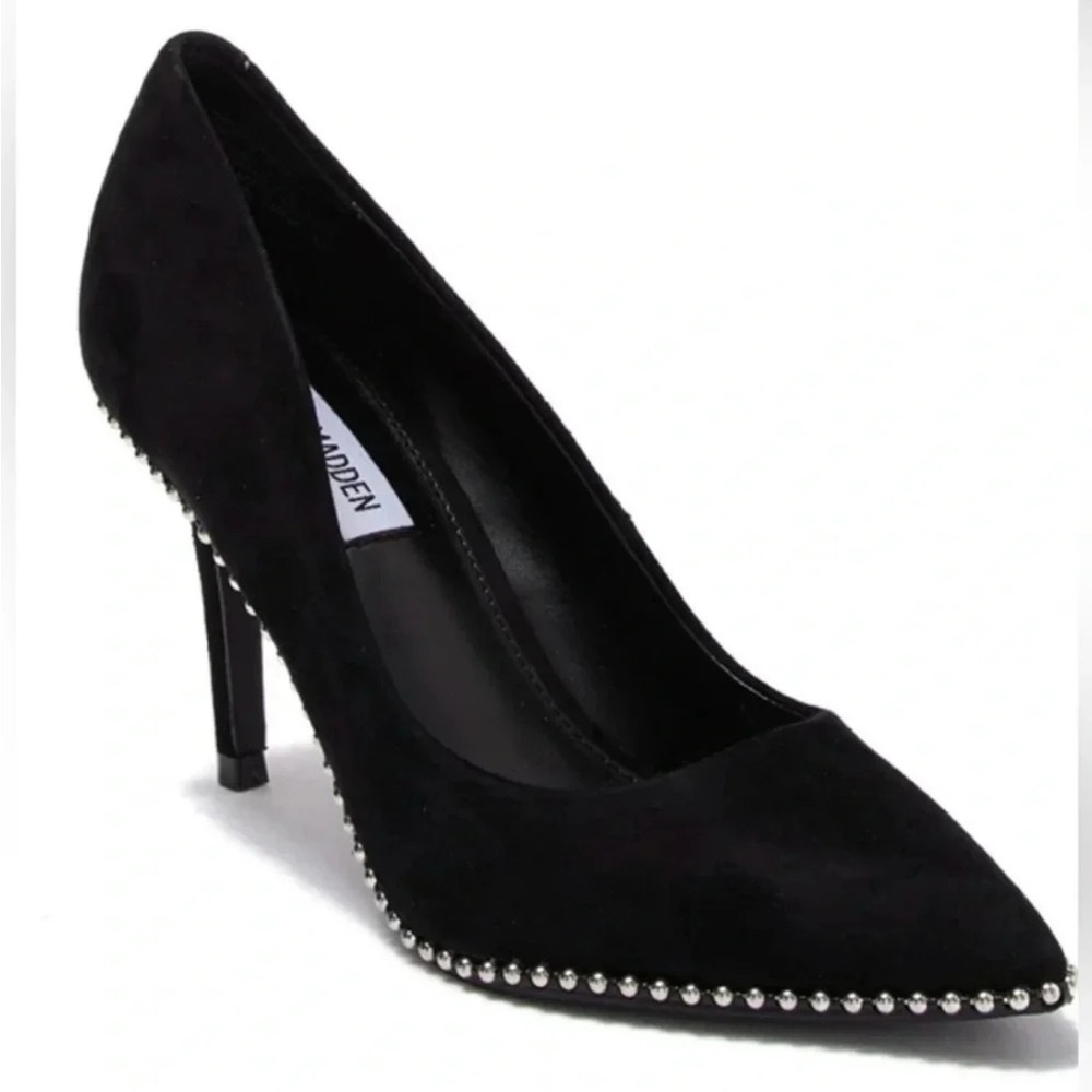 Steve Madden Diplo Black Suede Pump Silver Studs Pointed Toe Stiletto Heel 8M